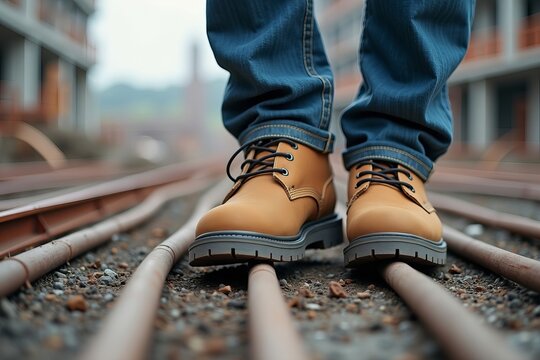 Close-Up of a Construction Worker&rsquo;s Boots Navigating Exposed Rebar: Highlighting Safety Gear and Construction Hazards