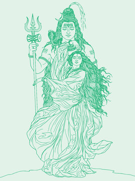 Lord Shiva and Parvati Hindu god Design Element. Sketch or Drawing of Shiva Parvati Outline Editable Vector Illustration