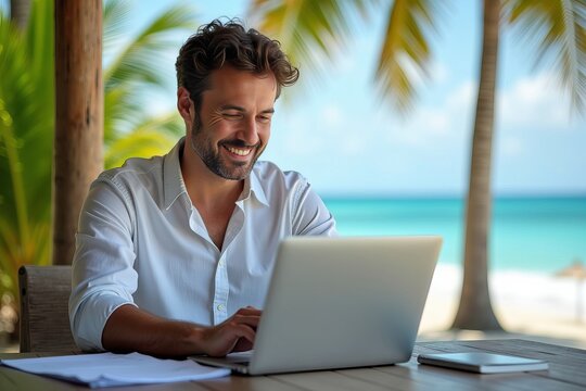 Chilled Entrepreneur at a Beachside Table, Laptop Open to Vibrant Tropical Views, Reviewing Retirement Plans and Embracing Work-Life Balance