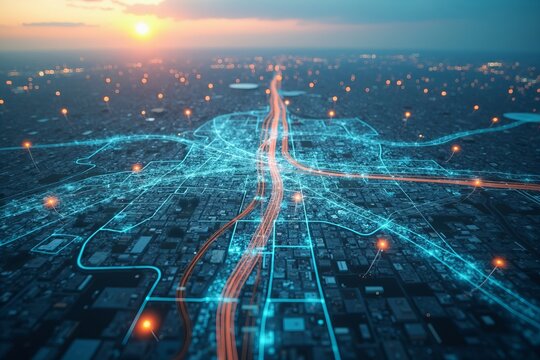 Drone's Eye View: Aerial Perspective of a City Grid Enhanced with Digital Maps and Data Points, Highlighting Infrastructure, Utility Lines, and Urban Planning Strategies