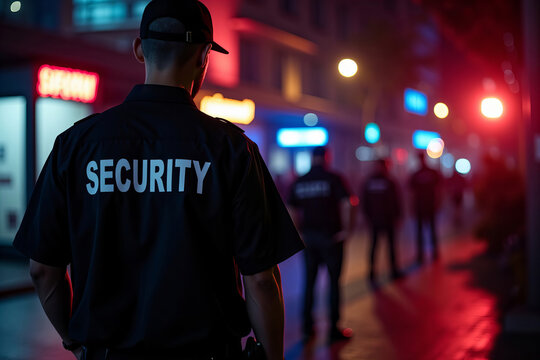 Vigilant Guardian: A Security Guard's Poise Outside a Dimly Lit Nightclub in a Moody Atmosphere
