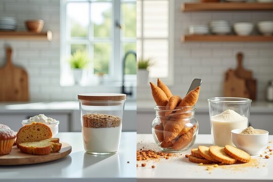 Contrasting Kitchen Spaces: One Half Featuring Neatly Arranged Gluten-Free Baking Ingredients in Pristine Containers