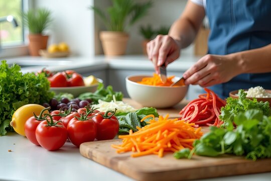 Lively Kitchen Display: A Burst of Fresh Ingredients on a Pristine Countertop, Featuring Hands Skillfully Chopping and Mixing Vegetables in a Bowl