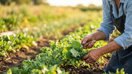 Fototapeta premium Senior woman harvesting fresh organic kale in a sunny vegetable garden, sustainable farming and healthy local food production concept