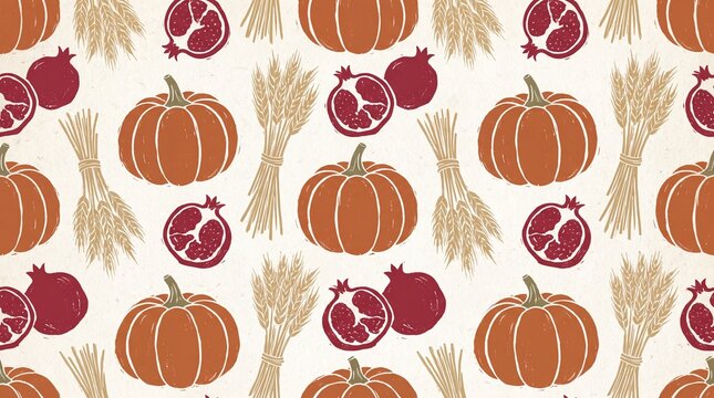 Folk art seamless pattern with pumpkins pomegranates and wheat for thanksgiving harvest
