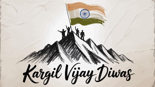 Kargil Vijay Diwas hand drawn sketch banner with watercolor Indian flag and soldier silhouettes on mountain peak