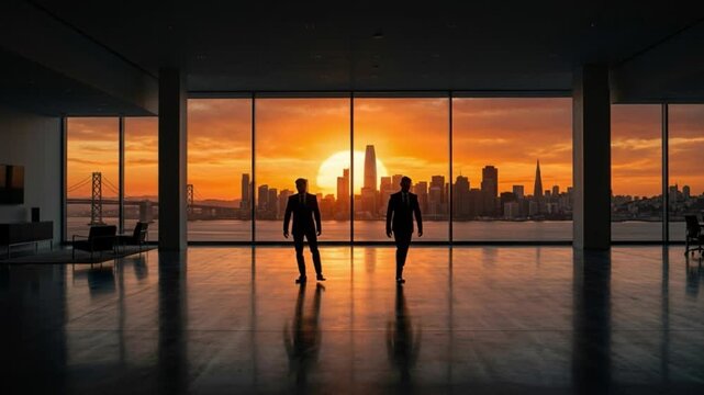 Two business professionals meeting and shaking hands in a modern office with a sunset skyline view. Partnership, trust, cooperation and successful business agreement concept.