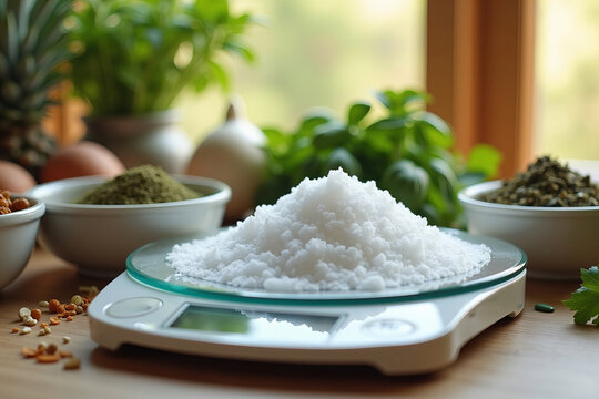 Close-Up of a Digital Kitchen Scale Flanked by Bowls of Salt and Assorted Herb Seasonings, Showcasing Accurate Weight Measurement