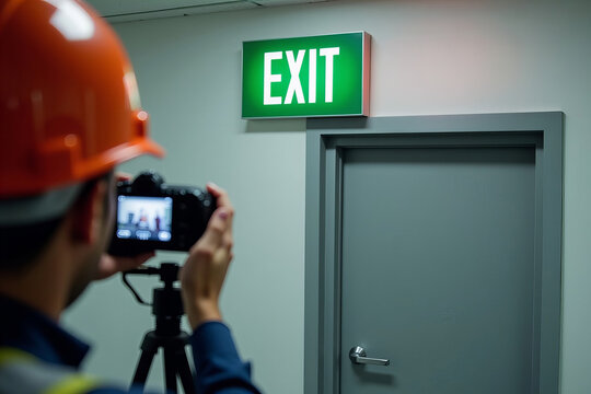 Detailed Shot of a Worker Photographing a Blocked Emergency Exit Sign, Emphasizing the Urgency of Safety Compliance