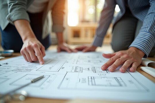 Architect's Hand Highlighting Blueprint Details for Client Review Amidst Construction Tools and Materials