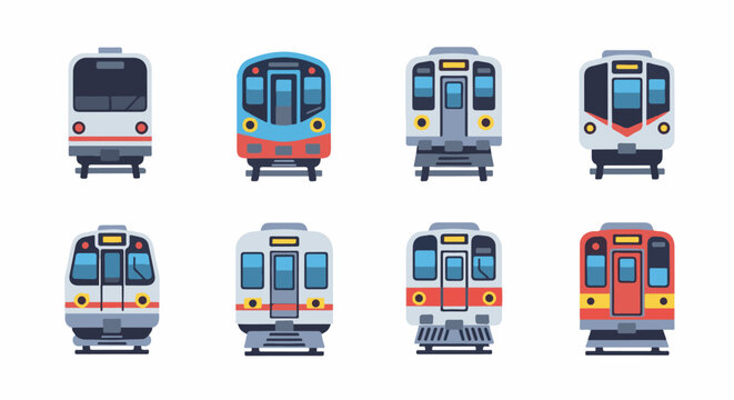 A colorful collection of eight stylized front-facing trains on a white background