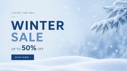 Fototapeta premium Minimal winter sale banner with snowy landscape frosted pine branch and seasonal discount offer