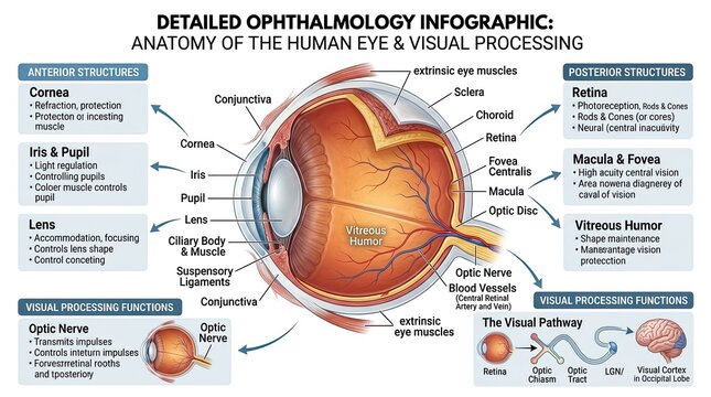 Detailed ophthalmology infographic of human eye anatomy