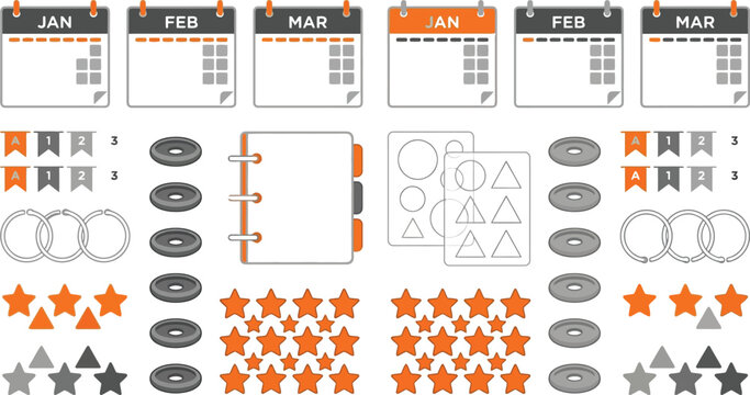 Monthly calendar planner elements with star ratings and ring binders for organizational planning