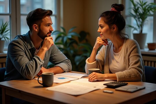 Intimate Dinner Ambiance: A Couple Engaged Over Financial Documents at a Wooden Table, Bathed in Soft Light with Coffee Mugs at Hand