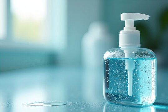 Close-Up of Water Droplets on a Gleaming Hand Sanitizer Bottle, Reflecting a Bright and Sterile Environment, Emphasizing the Significance of Cleanliness in Healthcare Settings.