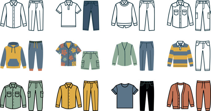 Men Casual Outfit Matching Set Icon Collection Vector Featuring Diverse Shirts, Jackets, Hoodies, Pants, and Shorts Flat Line Art Apparel Design