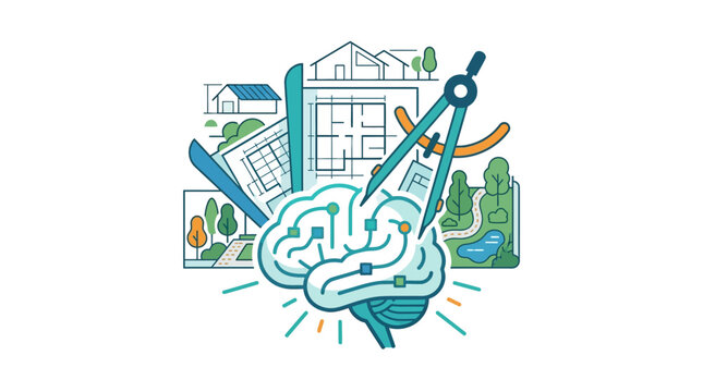Artificial intelligence brain designing modern architectural blueprints and sustainable urban landscapes flat vector illustration.