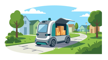 Obraz premium Autonomous self-driving delivery pod robot transporting packages through suburban residential neighborhood flat vector illustration.