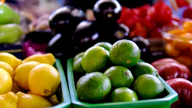 at the market lemons limes eggplants zucchini tomatoes showcase of beautiful vegetables