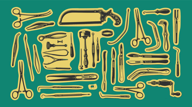 Victorian surgical tool collection outline badges group displaying antique instruments bone saws vintage forceps trepanning clamps medical anatomy scrapbook