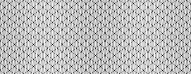 Black lace mesh texture banner with seamless fishnet pattern. Elegant gothic tulle background imitating vintage stocking fabric for fashion design. © Kolerowa