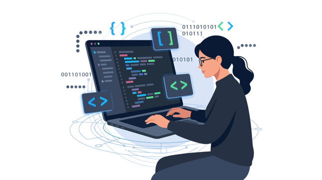 Female software developer programming and debugging code on laptop with floating digital icons flat vector illustration