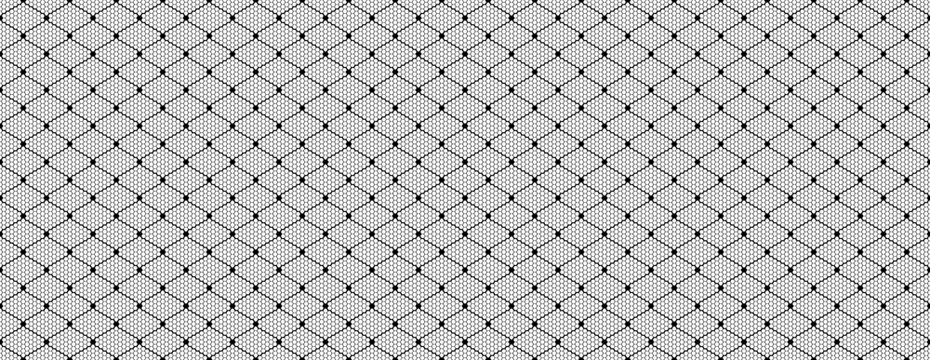 Black lace mesh texture banner with seamless fishnet pattern. Elegant gothic tulle background imitating vintage stocking fabric for fashion design.