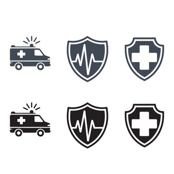 Emergency Medical Transport and Healthcare Protection Symbols Flat Design Illustration