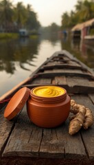 Naklejka premium Natural turmeric face cream in terracotta jar on traditional wooden boat in Kerala backwaters