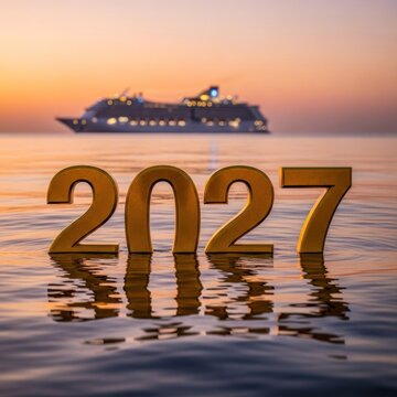 Golden 2027 Numbers Floating on Water with Cruise Ship at Sunset.