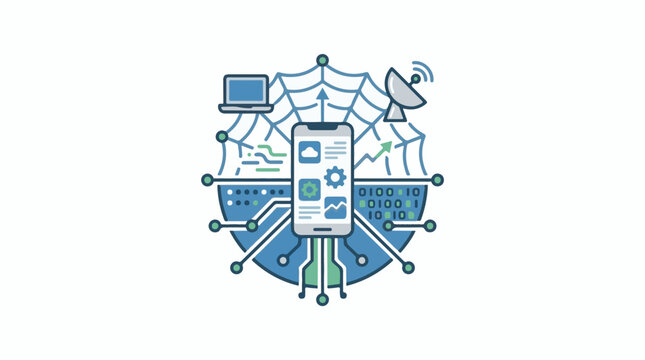A digital network illustration connecting a phone, laptop, and satellite dish, featuring binary code and data visualizations
