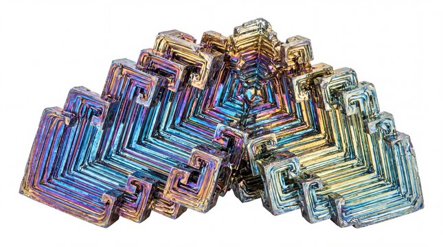 Iridescent bismuth crystal specimen with geometric patterns isolated on white