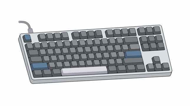 A grey keyboard with a textured cable and blue accent keys