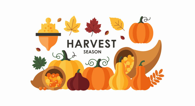 A festive illustration of autumn bounty with pumpkins, gourds, leaves, and cornucopia brimming with grains