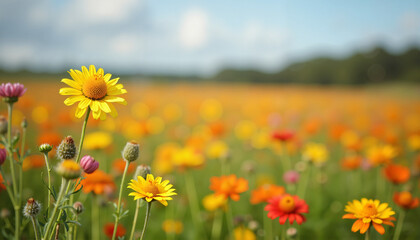 Fototapeta premium Beautiful field of blooming flowers with vibrant yellow, orange, and pink blossoms in sunny landscape. Colorful field of flowers creating cheerful atmosphere in outdoor setting.