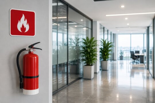 Red fire extinguisher mounted on office wall with safety symbol and modern hallway interior.