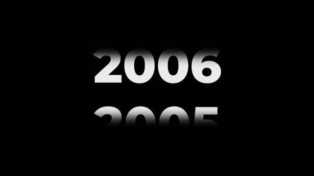 Reverse 21 year counter animation scrolling back from 2026 to 2005. White 3D text on black background. Going back in time flashback and history timeline motion graphics concept.