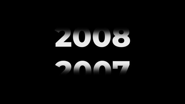 Reverse 19 year counter animation scrolling back from 2026 to 2007. White 3D text on black background. Going back in time flashback and history timeline motion graphics concept.