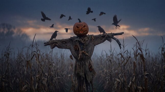 Scarecrow with jack-o-lantern head in foggy cornfield at twilight with crows flying