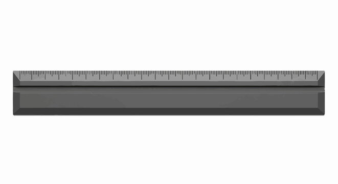 A dark gray, flat ruler with precise markings along its top edge, isolated on white
