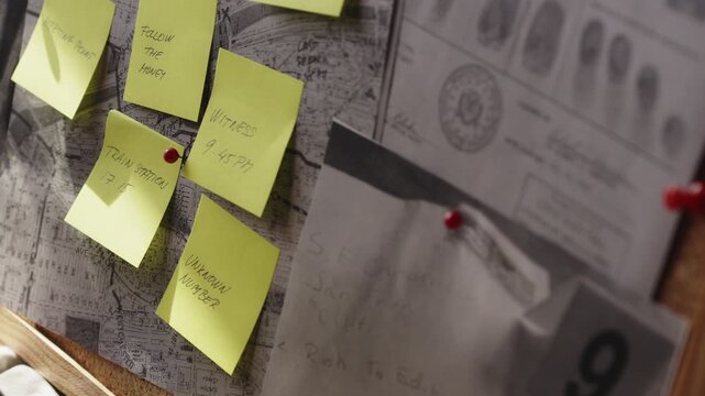Close-up side angle of a surveillance investigator adding an &ldquo;unknown number&rdquo; lead to a crime board map. Conveys active tracking, intelligence work, and developing criminal investigations.