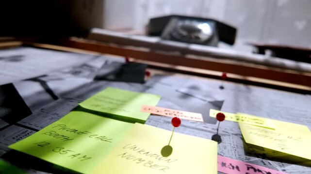 Low-angle cinematic reveal of an investigation board in a retro-lit office environment. Creates a classic detective atmosphere of surveillance, analysis, and unresolved mystery.