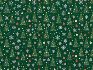 Fototapeta premium Cute seamless pattern featuring christmas trees with colorful ornaments and snowflakes on green.