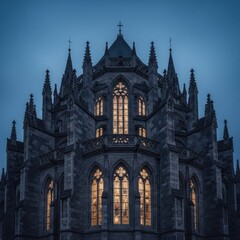 Fototapeta premium Gothic Cathedral Architecture Illuminated at Dusk.