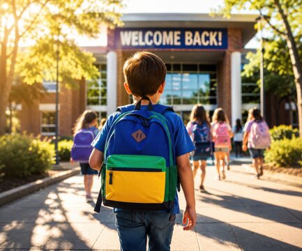 Young boy walking toward school building carrying colorful backpack for first day classes.