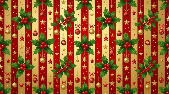 Christmas pattern with holly berries and gold ornaments on red and gold striped background.