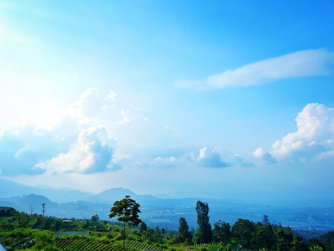 A serene landscape of lush greenery and trees under a bright blue sky with fluffy white clouds overlooking distant mountains and hills on a sunny day