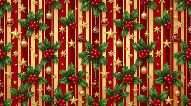 Seamless christmas pattern background with holly berries and hanging golden ornaments.