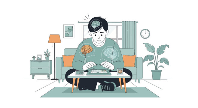 Man thinking hard at desk with brain icons and typewriter, deep thought & mental effort